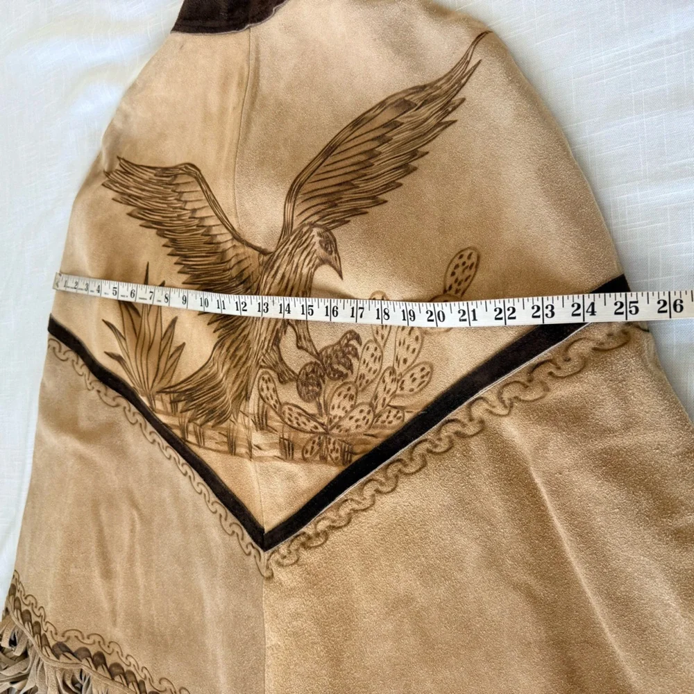 Vintage Hand Burned Pyrography Suede Leather Mexican Fringed Poncho - Picture 5 of 8